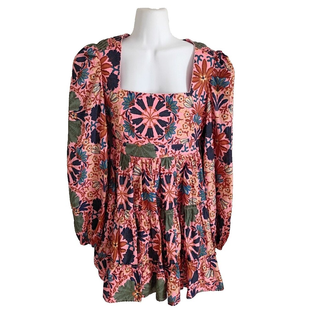 Avara Boho  Floral Babydoll Mini Dress Long Sleeve Multicolor Size Small